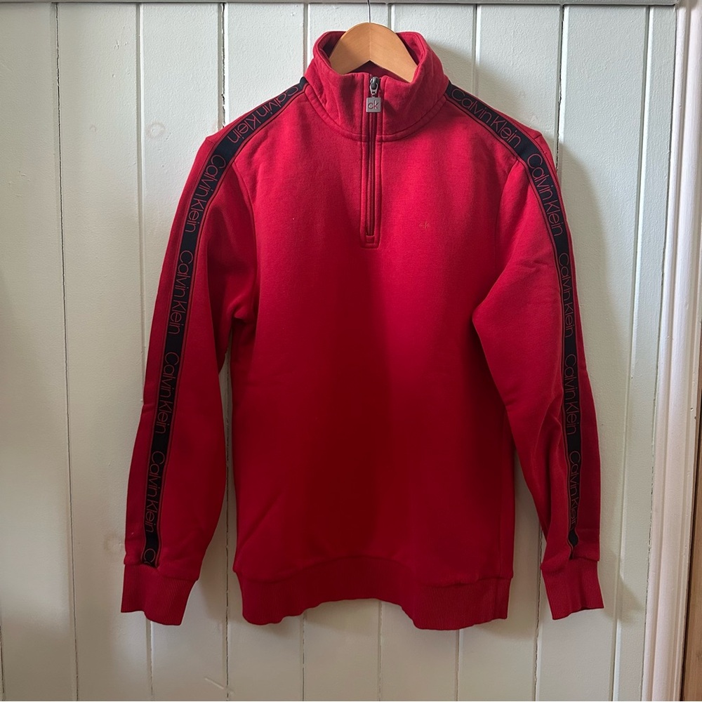 Calvin Klein Red Men’s Quarter-Zip Logo-Strip Sweatshirt XS